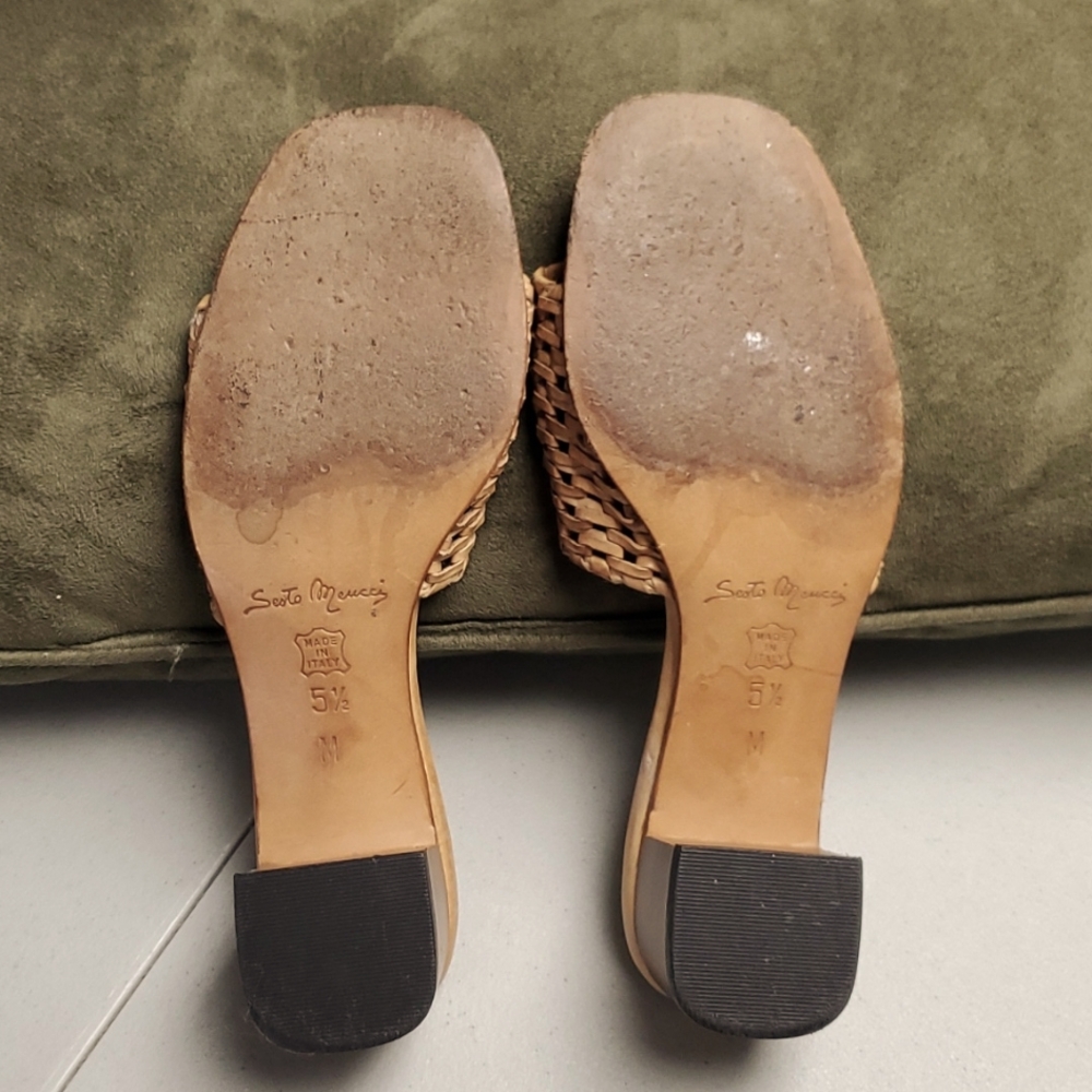 Sesto Meucci, weaved tan leather slides.  Size 5.5 with a 2" heel. - Picture 5 of 5